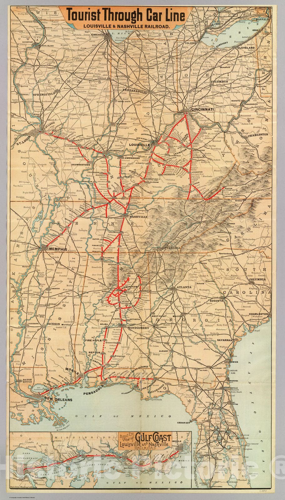 Historic Map - Timetable Map, Tourist through car line, Louisville & Nashville Railroad. 1890, - Vintage Wall Art