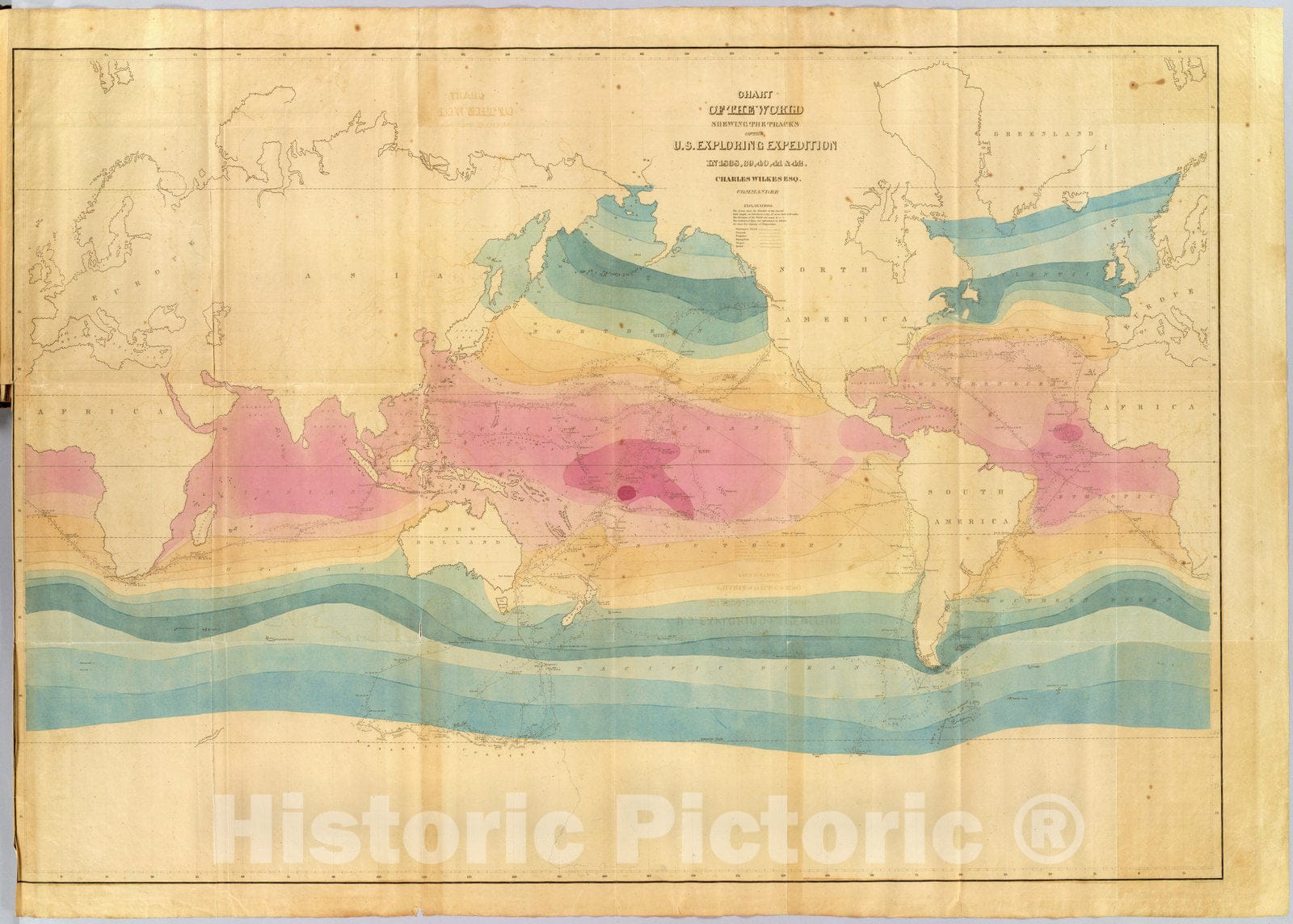 Historic Map : Exploration Book, Chart of The World Shewing The Tracks of the U.S. Exploring Expedition. 1842 - Vintage Wall Art