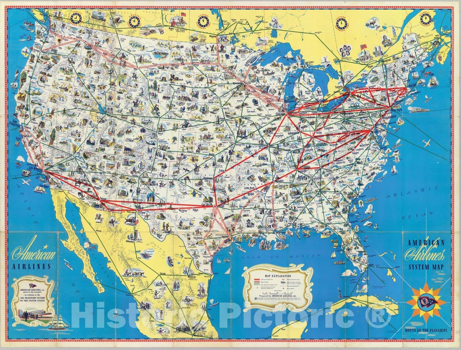American Airlines - World Airline Routes, 1945 - Vintage Airline Map Print