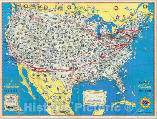 American Airlines - World Airline Routes, 1945 - Vintage Airline Map Print