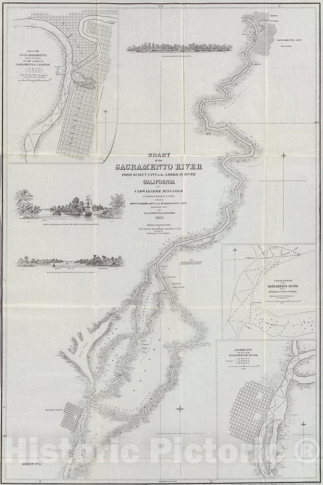 Historic Map : Sacramento River. 1852 - Vintage Wall Art