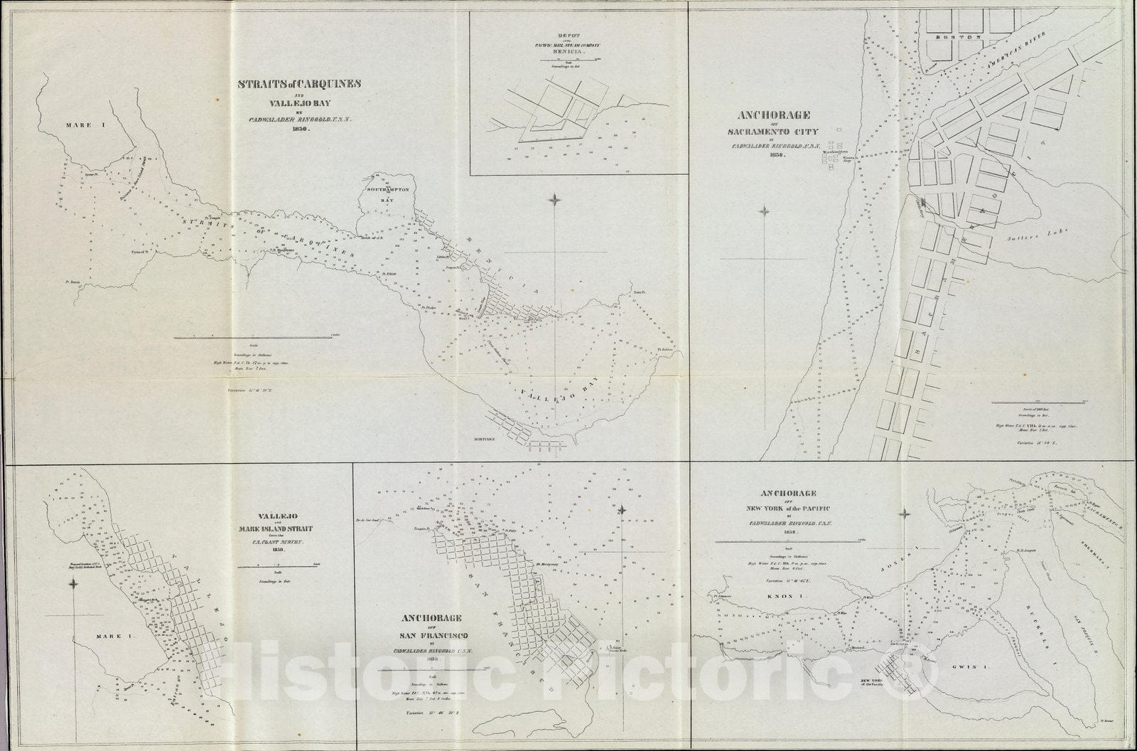 Historic Map : Carquines Straits, Vallejo Bay, other anchorages. 1852 - Vintage Wall Art