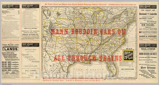 Queen & Crescent Route - Railroad Map, 1885 - Historical Print