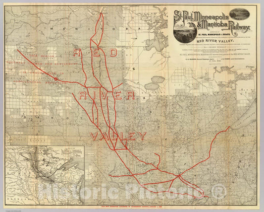 St. Paul, Minneapolis & Manitoba Railway to Red River Valley - 1886 Railroad Map Print