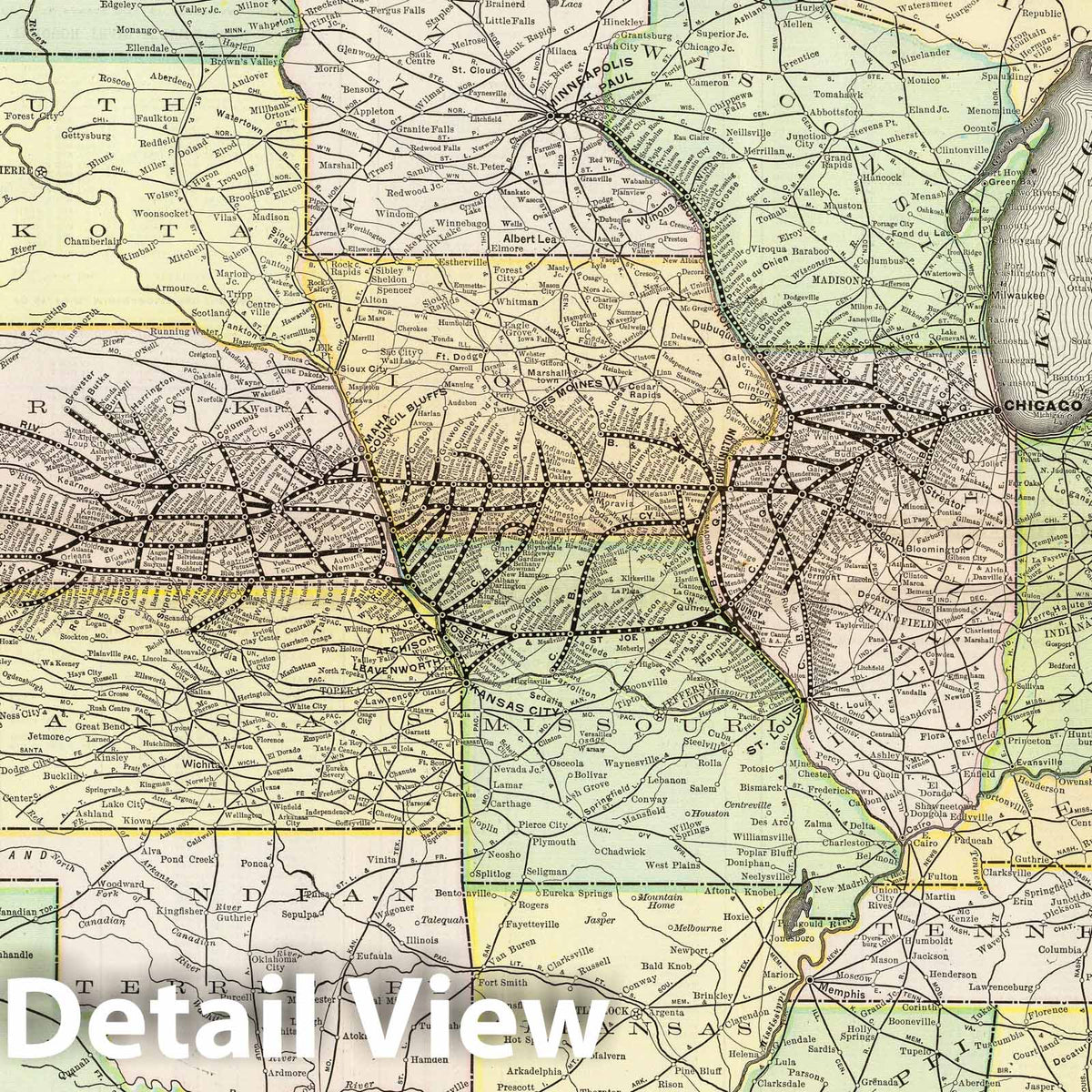 Burlington Route - Railroad Map, 1893 - Historical Map Print