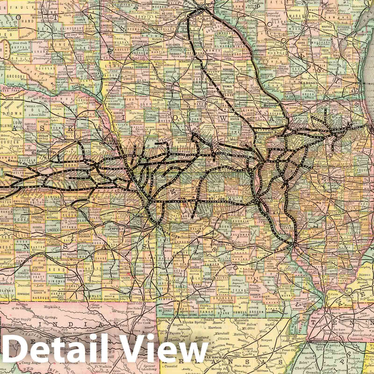 Burlington Route - Railroad Map, 1885 - Historical Map Print