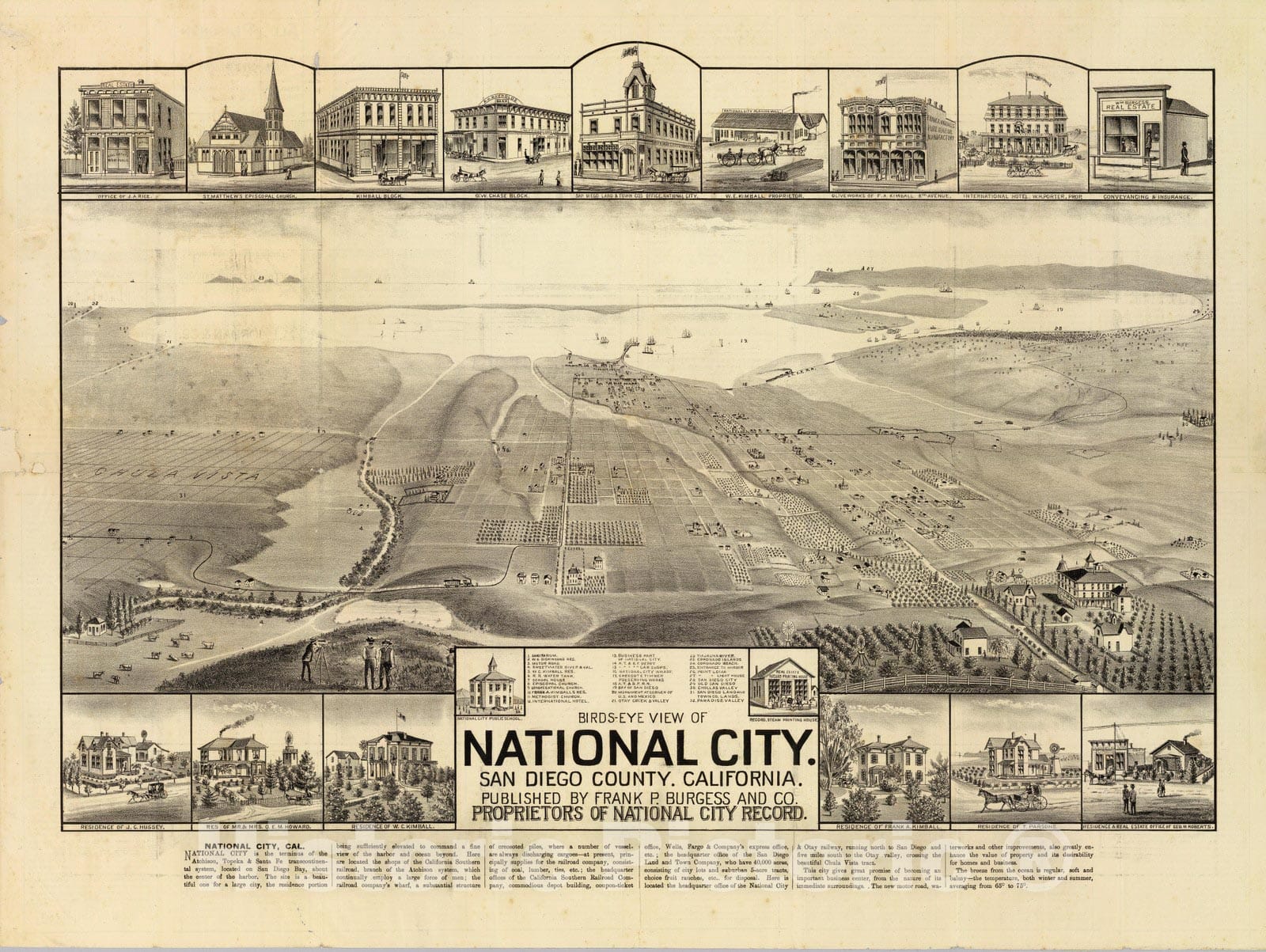 National City, San Diego County, California - Land Development, 1887 Bird's-Eye View Map