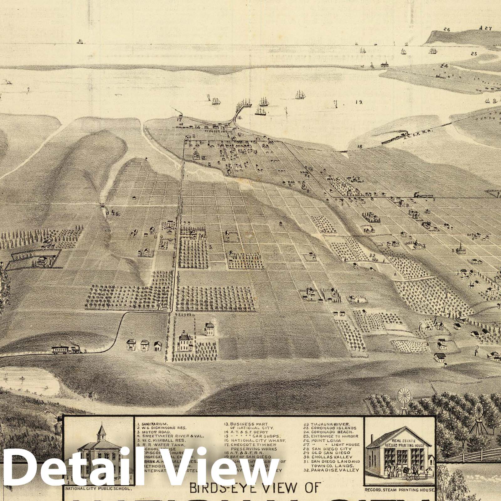 National City, San Diego County, California - Land Development, 1887 Bird's-Eye View Map