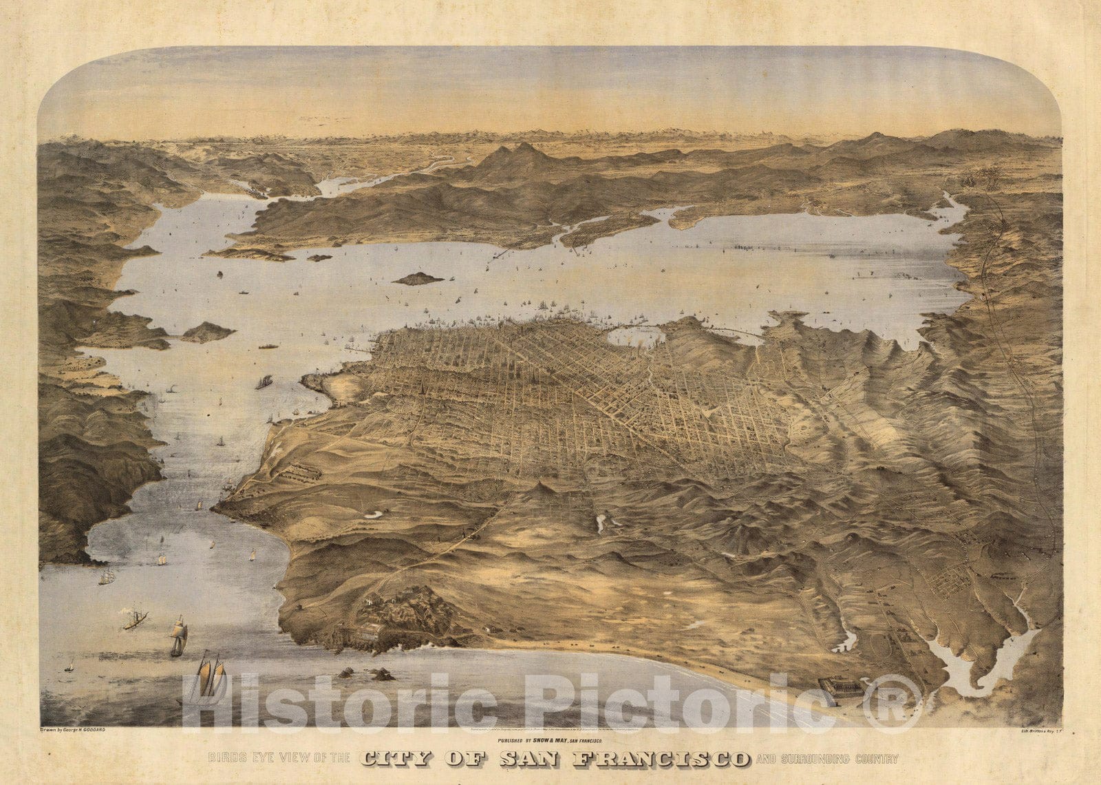San Francisco and Surrounding Country - Pictorial View, 1868 Historical Map Print