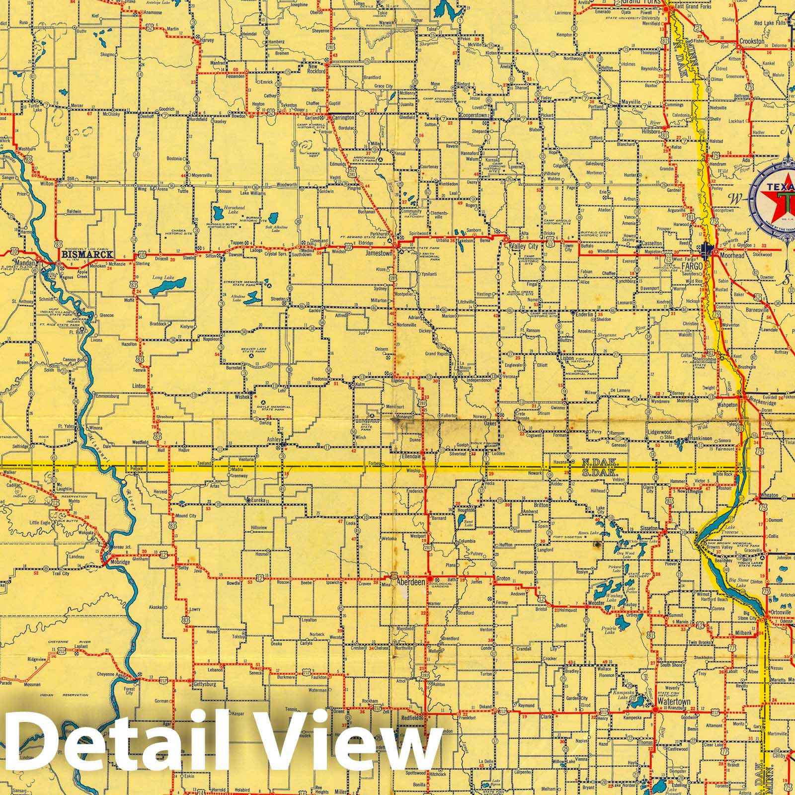 North Dakota and South Dakota with Yellowstone National Park - 1937 Texaco Road Map Print