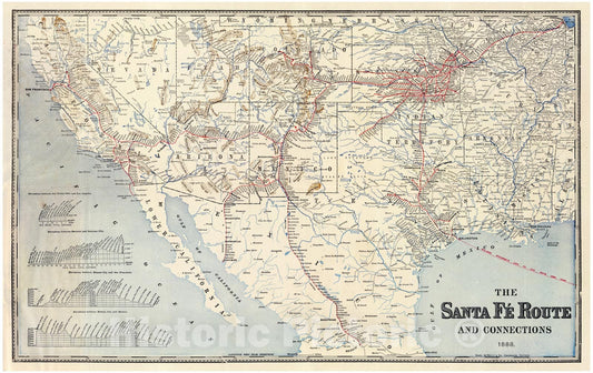 Historic Map - Timetable Map, Sante Fe Route and connections. 1888 - Vintage Wall Art