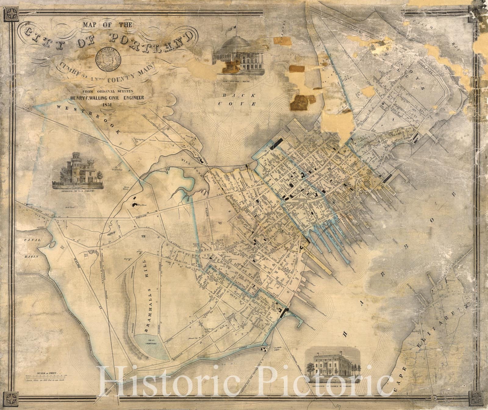 Portland, Maine 1851 - Historical Map Print by Henry Walling