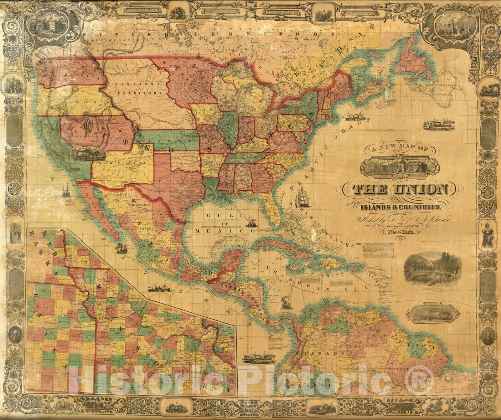 Historic Map : New Map of The Union, 1857 - Vintage Wall Art