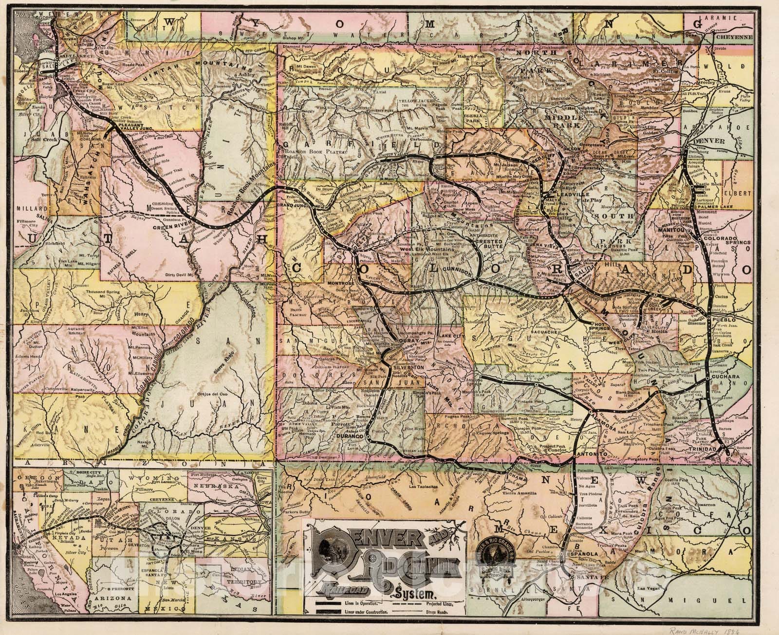 Historic Map - Denver and Rio Grande Railroad System 1883 v1 - Vintage Wall Art