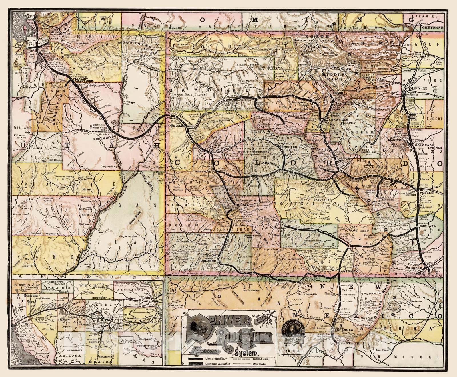 Historic Map - Denver and Rio Grande Railroad System 1883 v1 - Vintage Wall Art