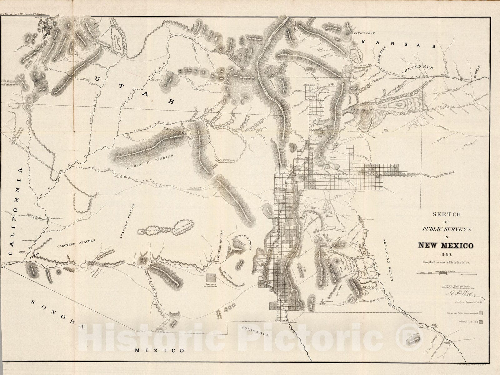 Historic Wall Map : Sketch of Public Surveys in New Mexico 1860 - Vintage Wall Art