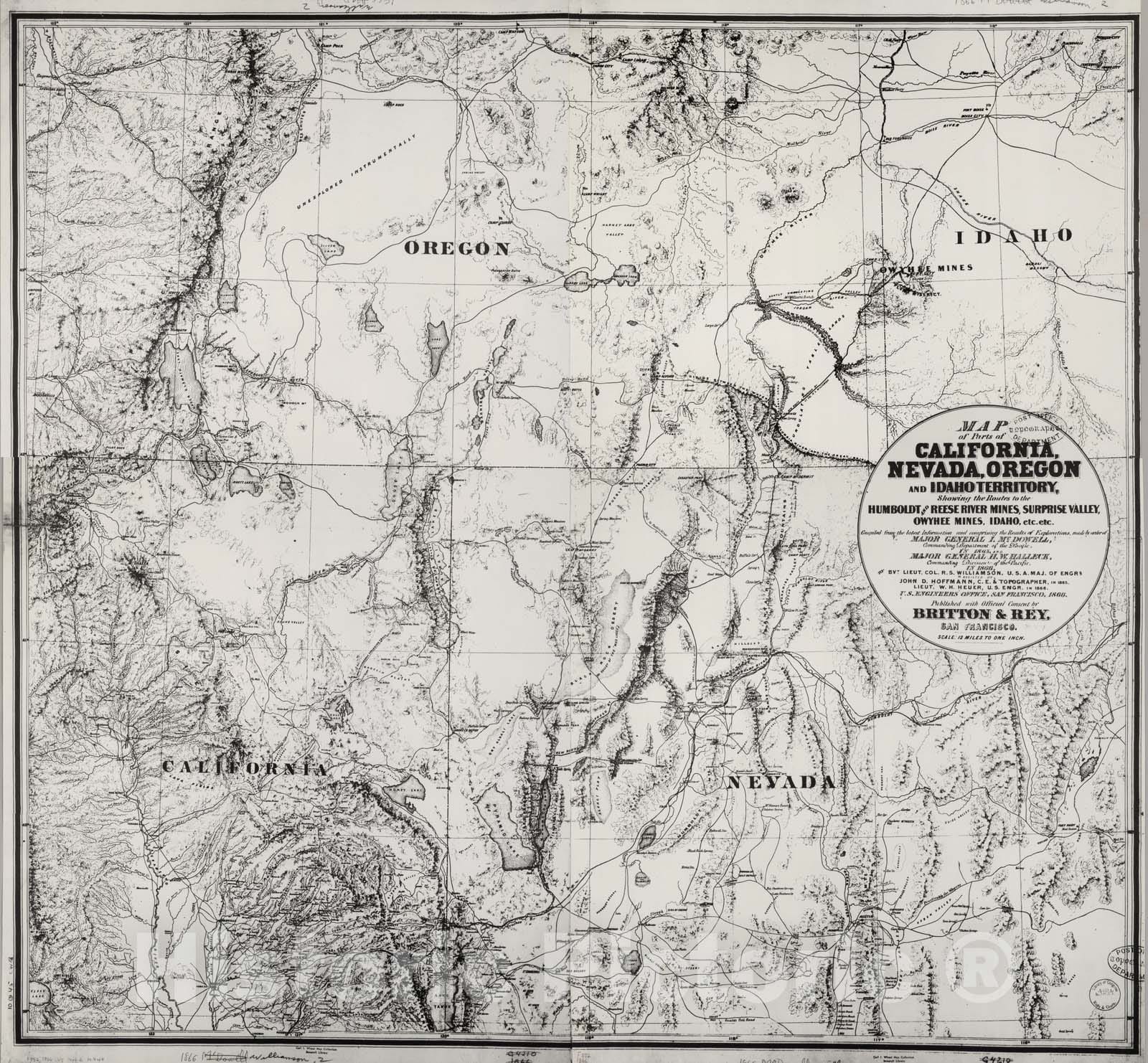 California, Nevada, Oregon, Idaho - Mining Routes, 1866 - Historical Map Print
