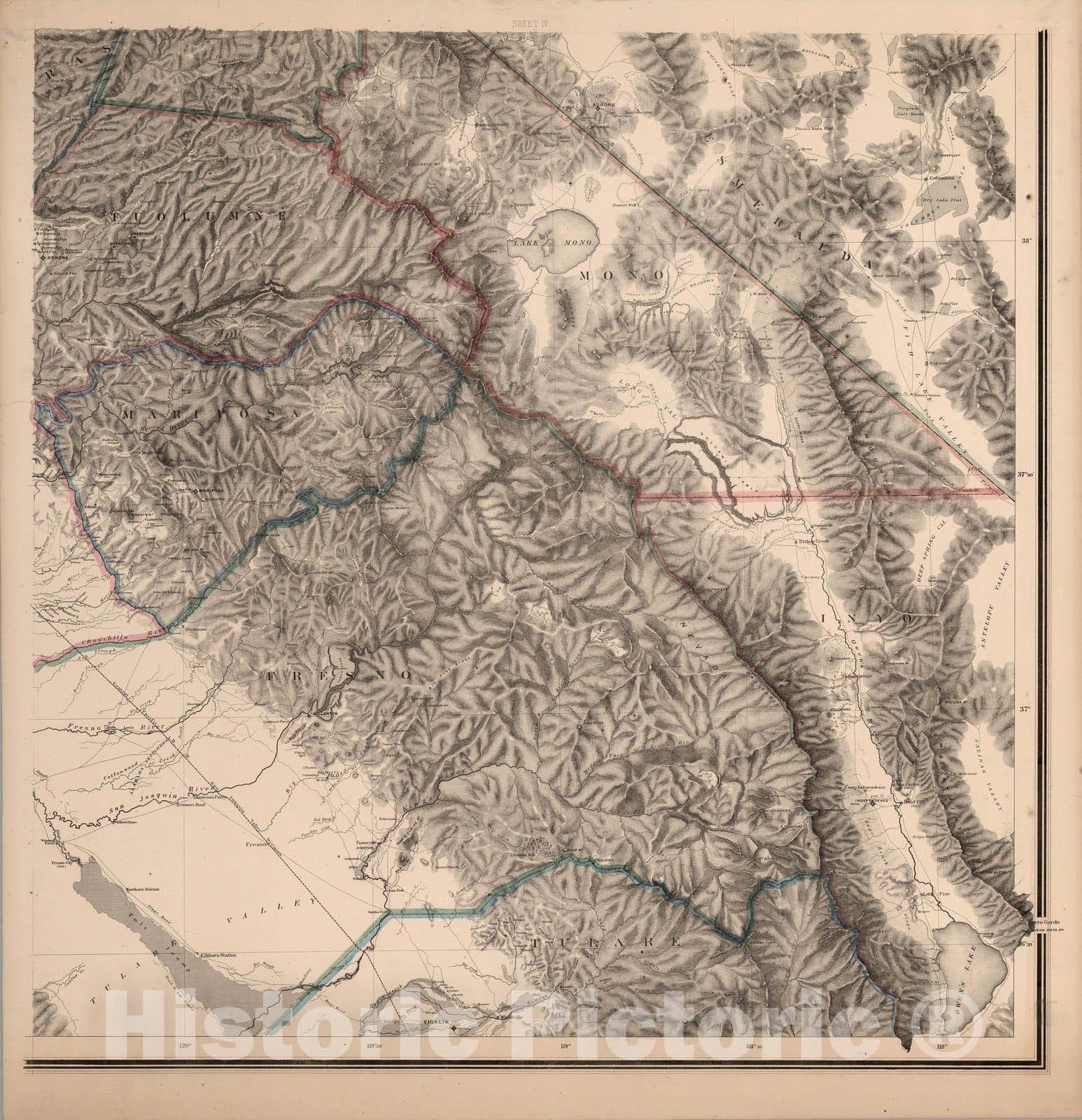 Historic Map : Topographical Map of Central California Together With a Part of Nevada, Sheet IV, 1873 - Vintage Wall Art