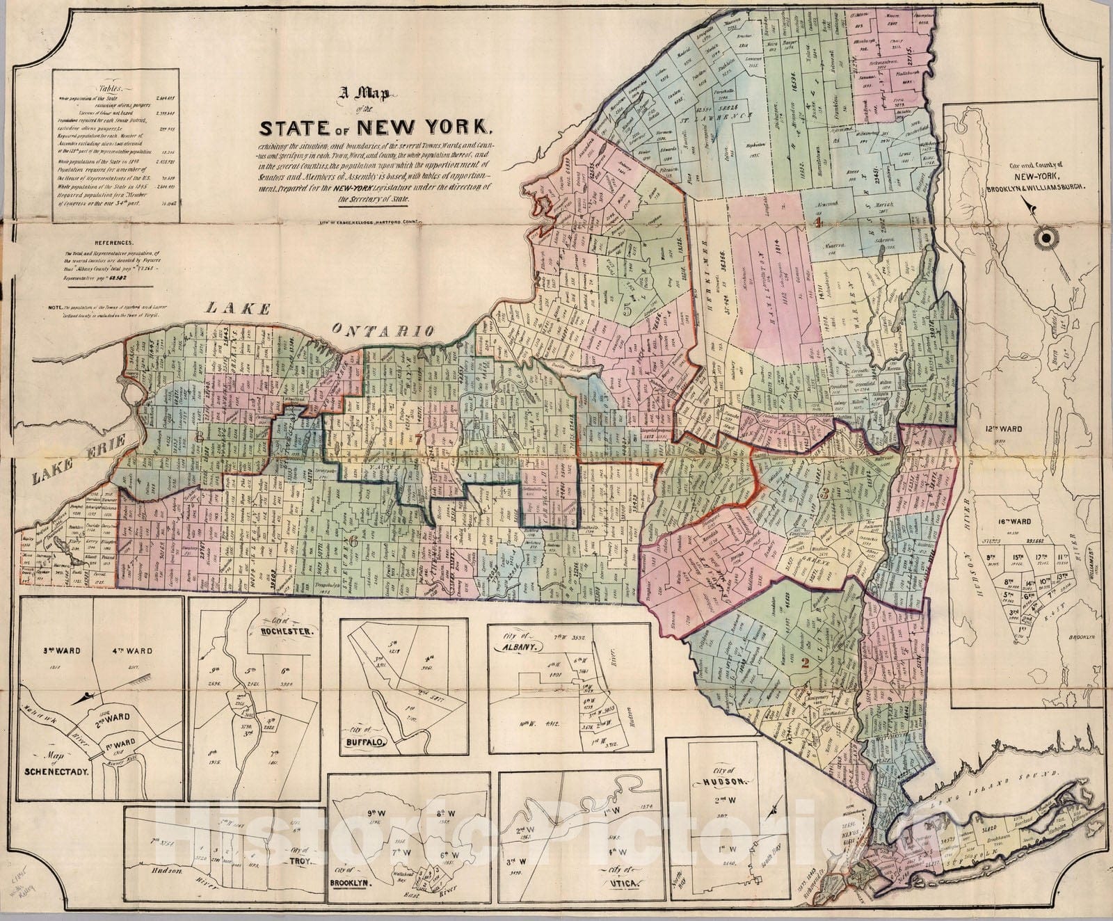 Historic Wall Map : The State of New York exhibiting the population upon which the apportionment of Senators and Members of the Assembly is based, 1845 - Vintage Wall Art