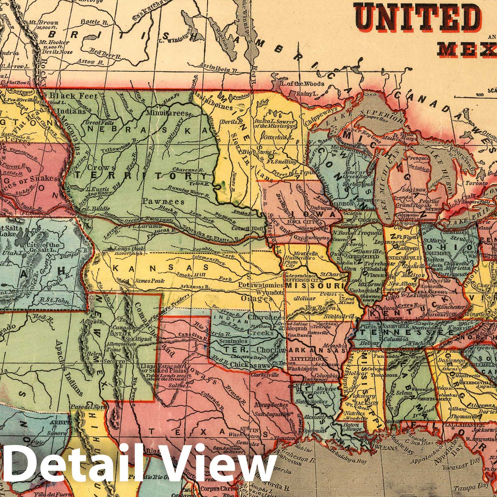United States and Mexico, 1855 - Historical Map Print