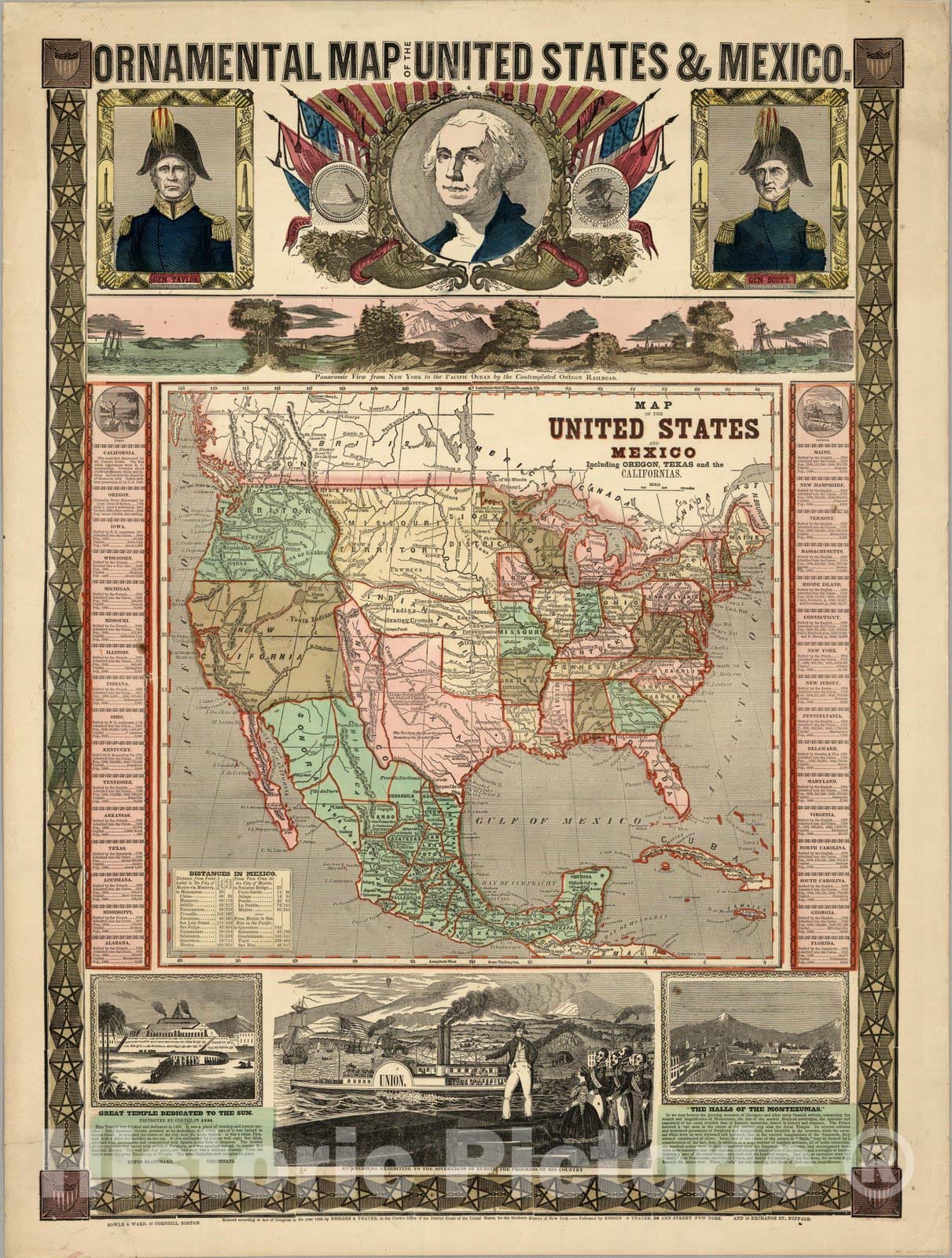 United States and Mexico - Railroad Map, 1848 - Hand-Colored Historical Map Print
