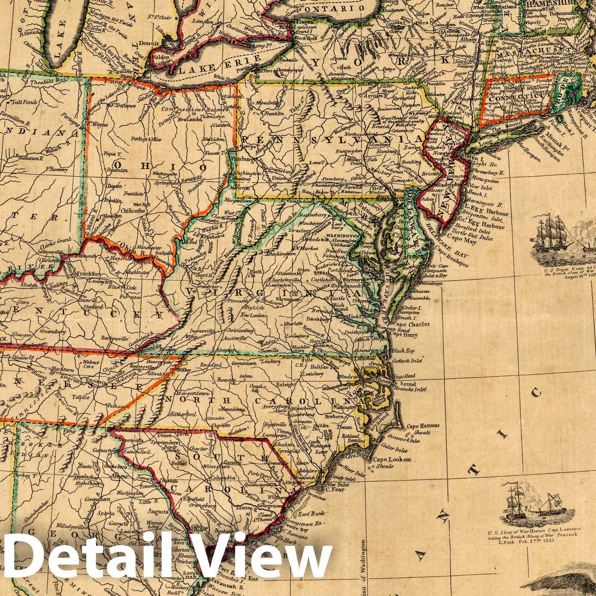 United States Road Map, 1813 - Historical Map Print with War of 1812 Vignettes