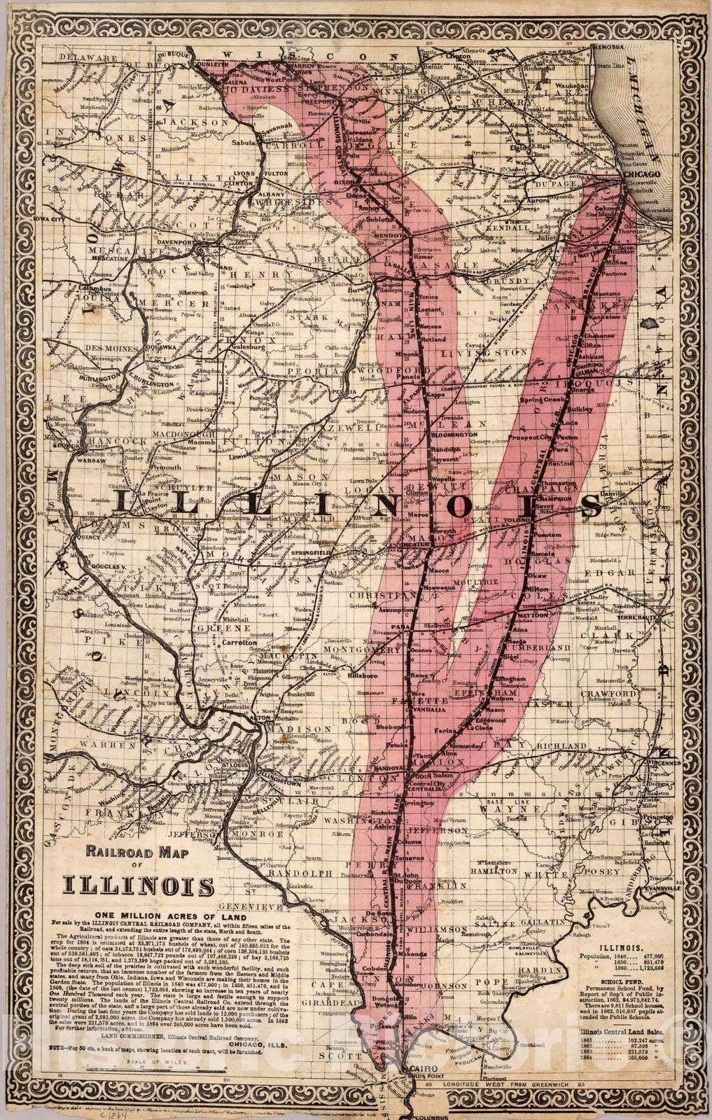 Historic Wall Map : Railroad Map of Illinois, 1864 - Vintage Wall Art