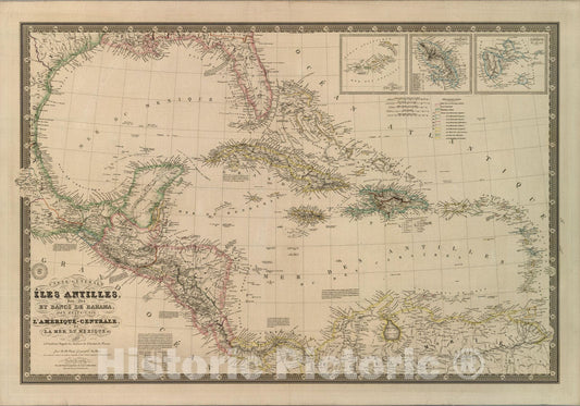 Historic Map : Iles Antilles, Des Iles et Bancs De Bahama, Des Etats-Unis de L'Amerique-Centrale, de la Mer Du Mexique 1835 - Vintage Wall Art