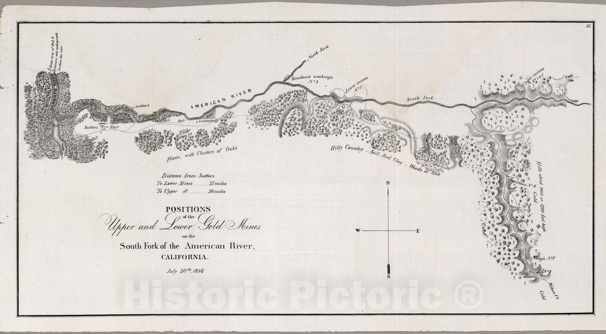 Historic Map : Upper and Lower Gold Mines on the South Fork of the American Rive 1848 - Vintage Wall Art