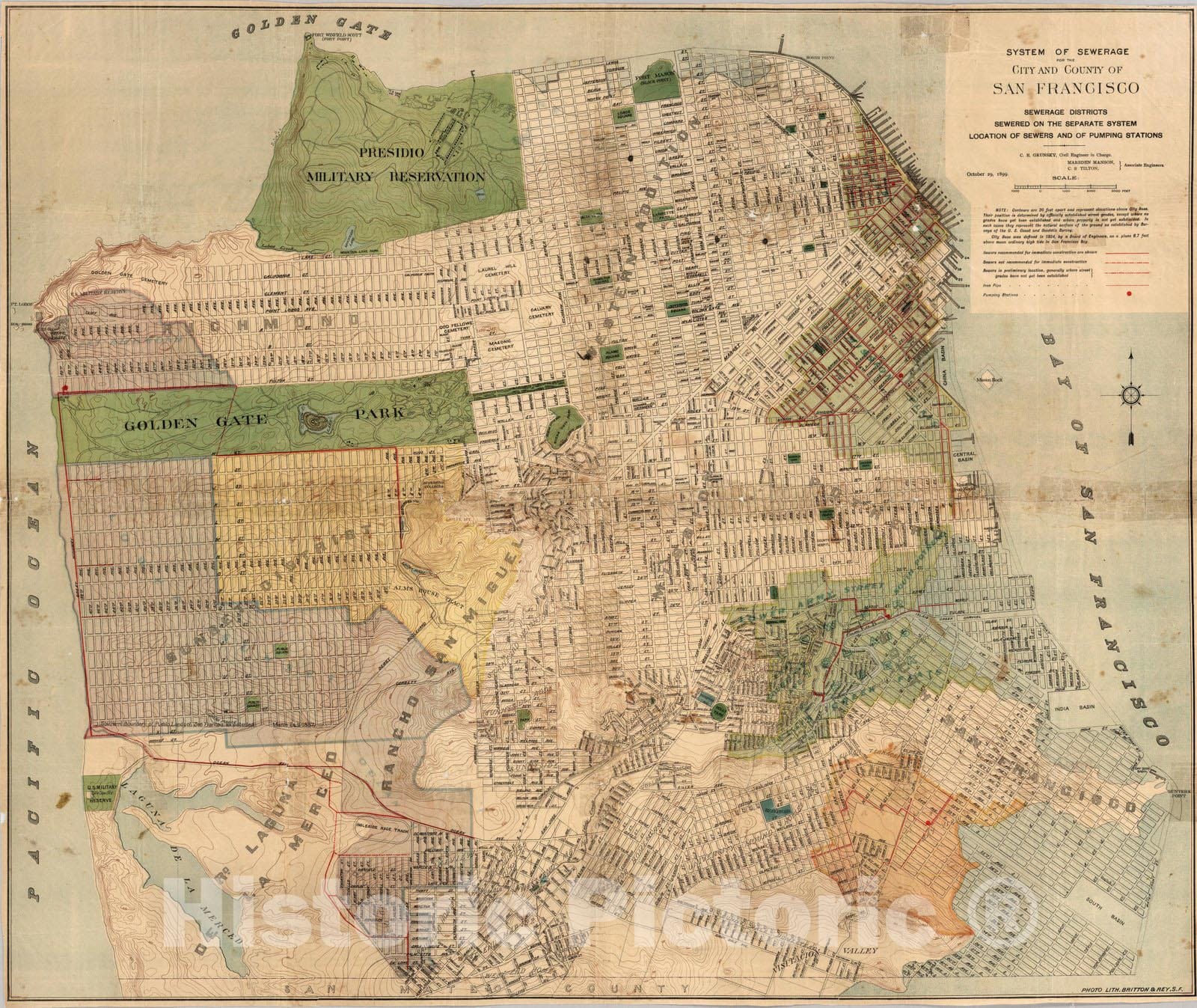 San Francisco, California 1899 Sewerage System Map - Historical Print