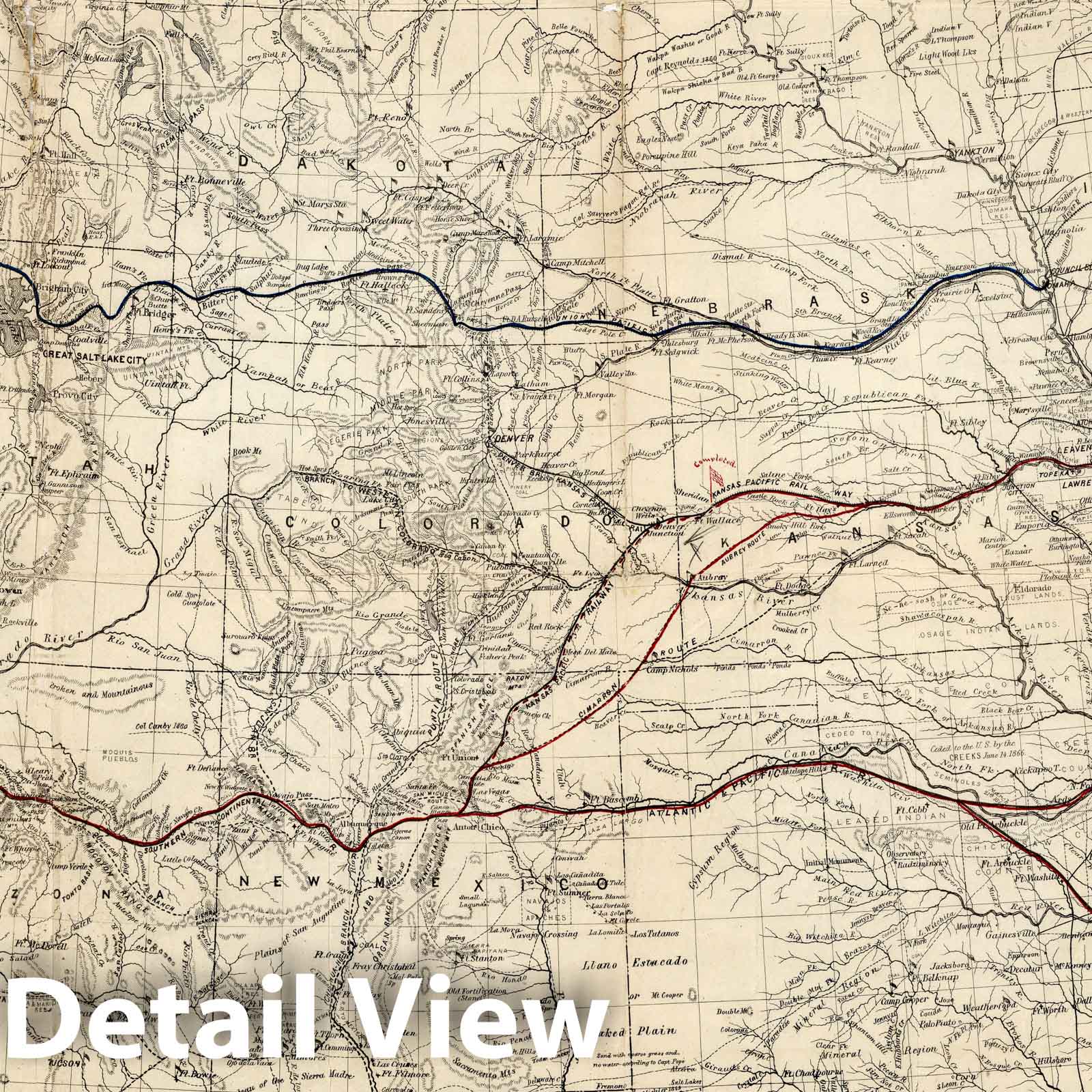 Southern Continental Railroad Route - Kansas, Arkansas, Louisiana - 1869 Historical Map Print