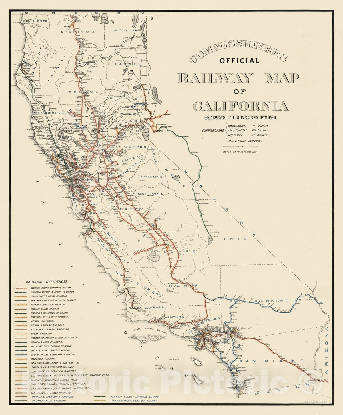 Railway Map of California, 1891 - Vintage Wall Art