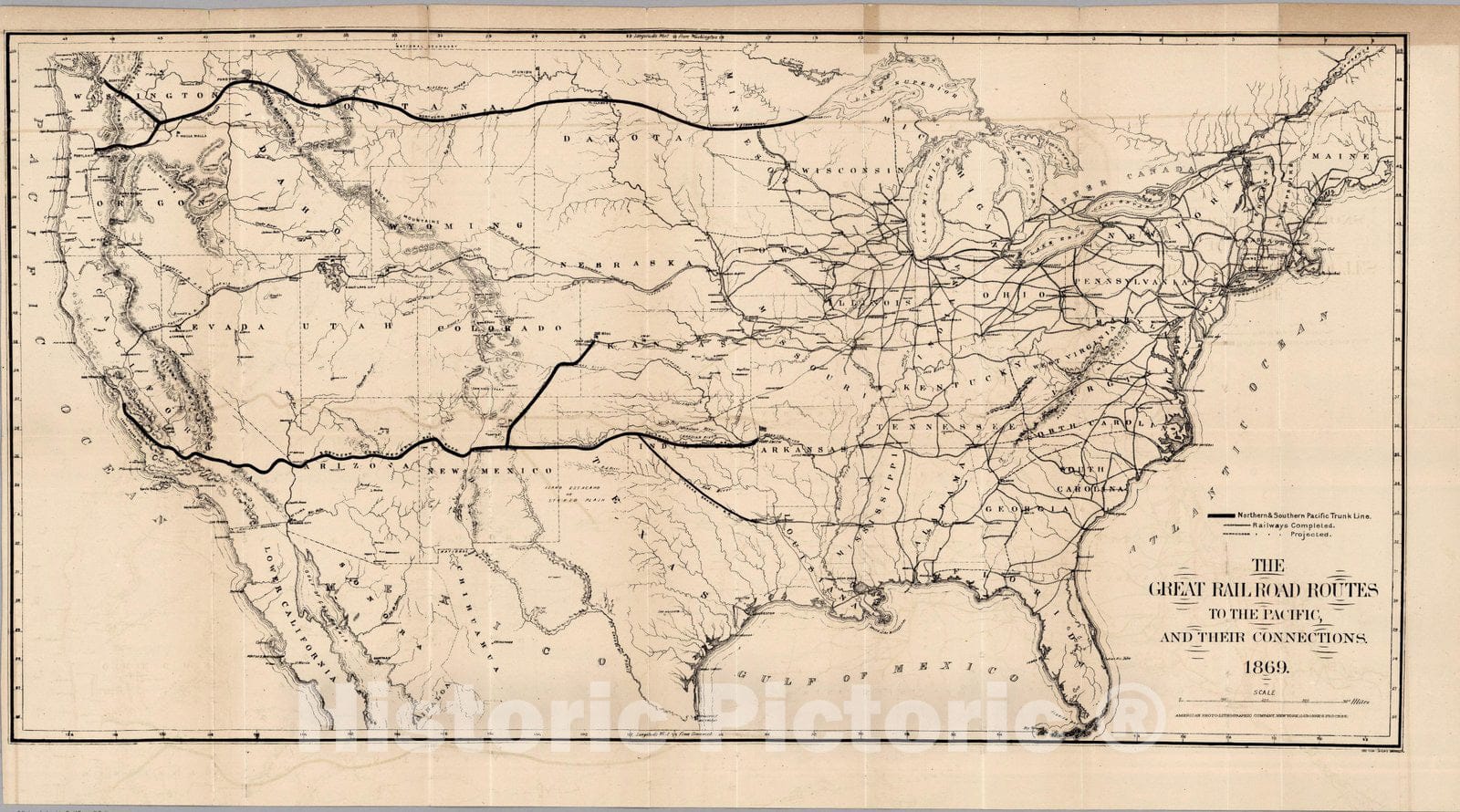Historic Map : Railroad Routes To The Pacific 1869 - Vintage Wall Art