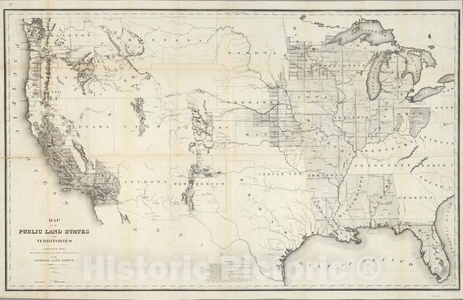 Historic Map : Map of the Public Land States And Territories, 1864 - Vintage Wall Art