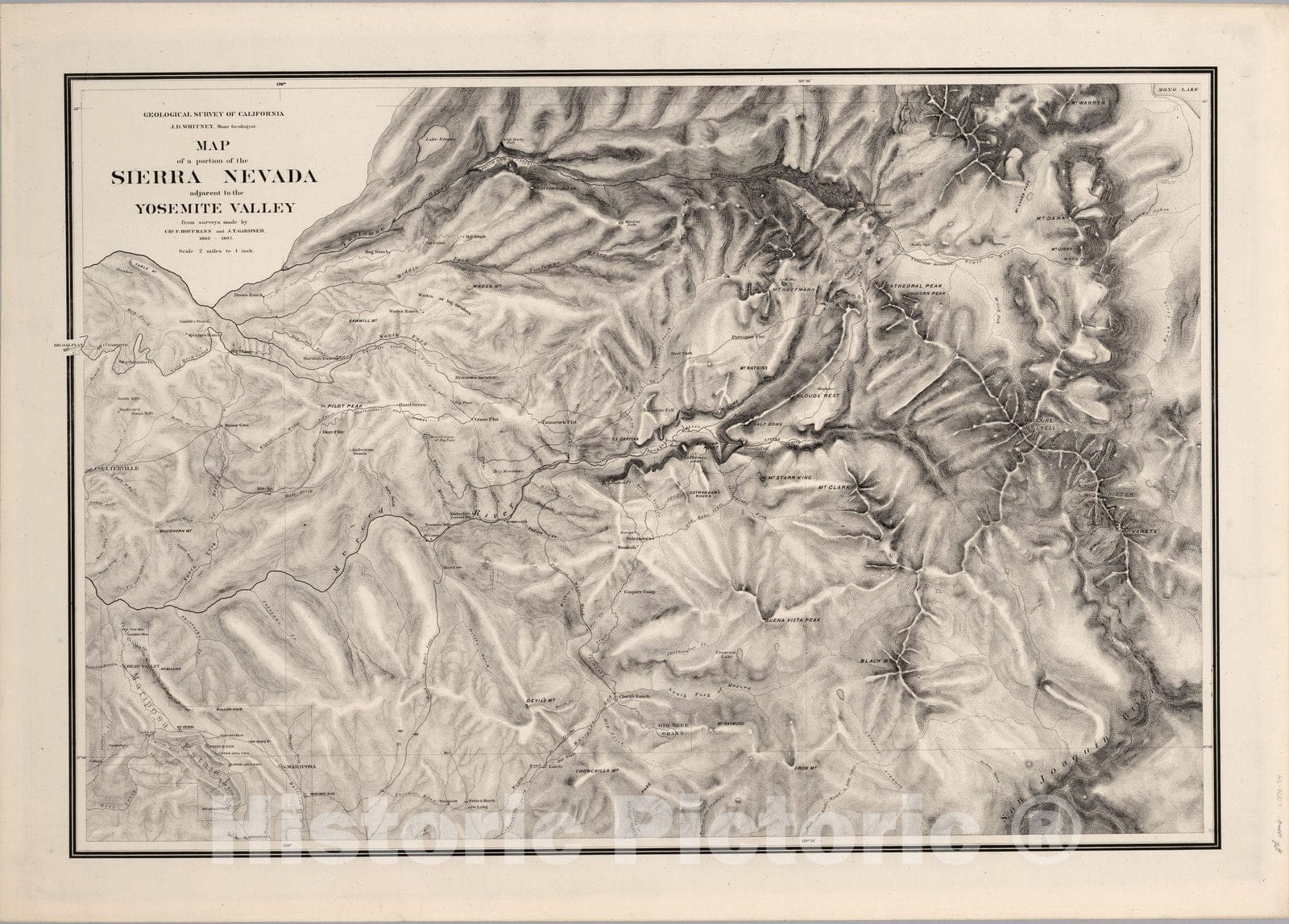 Historic Map : Guide Book, A Portion of the Sierra Nevada adjacent to Yosemite Valley. 1870 - Vintage Wall Art