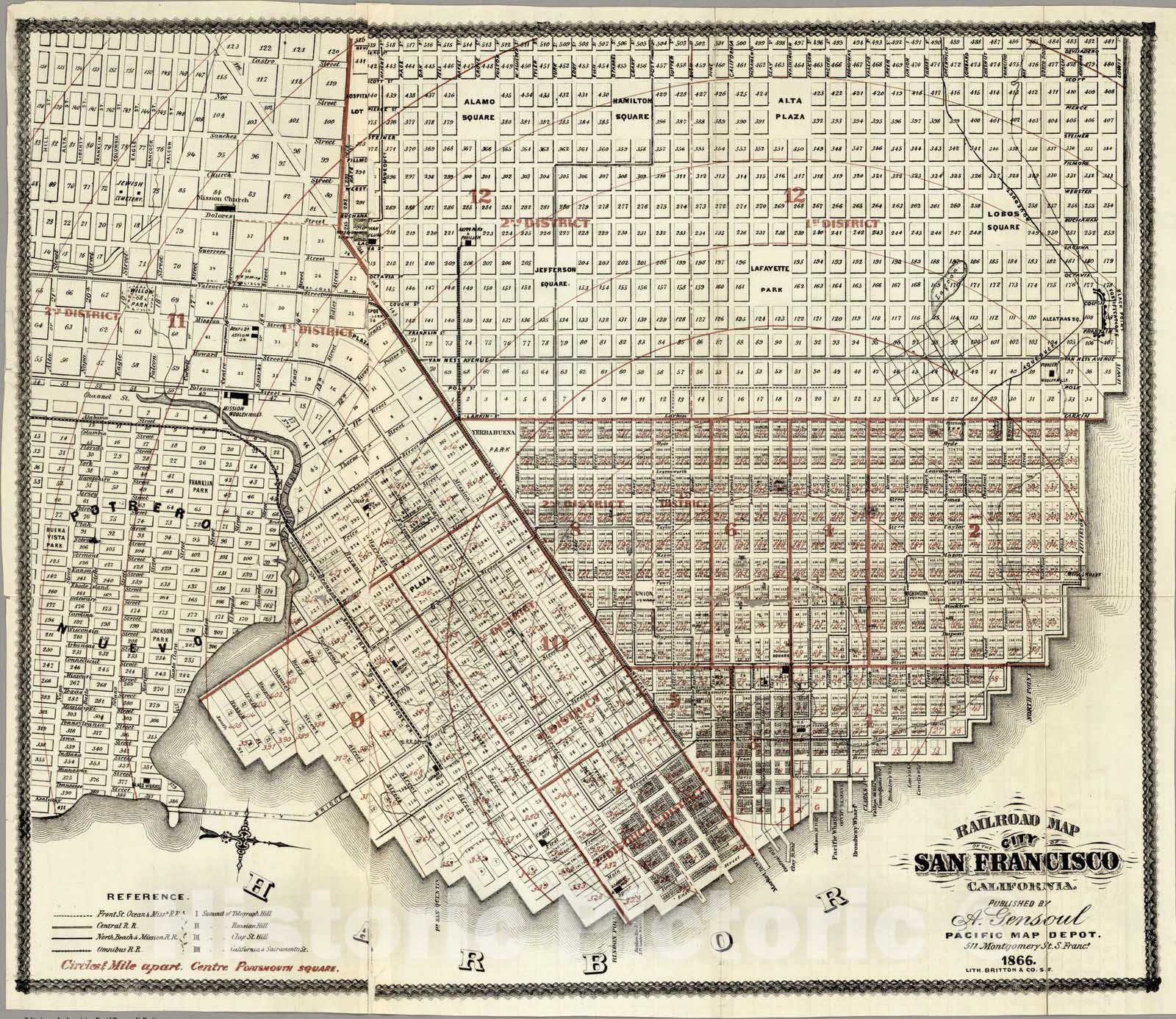 Historic Map : Railroad Map of The City of San Francisco California, 1866 - Vintage Wall Art
