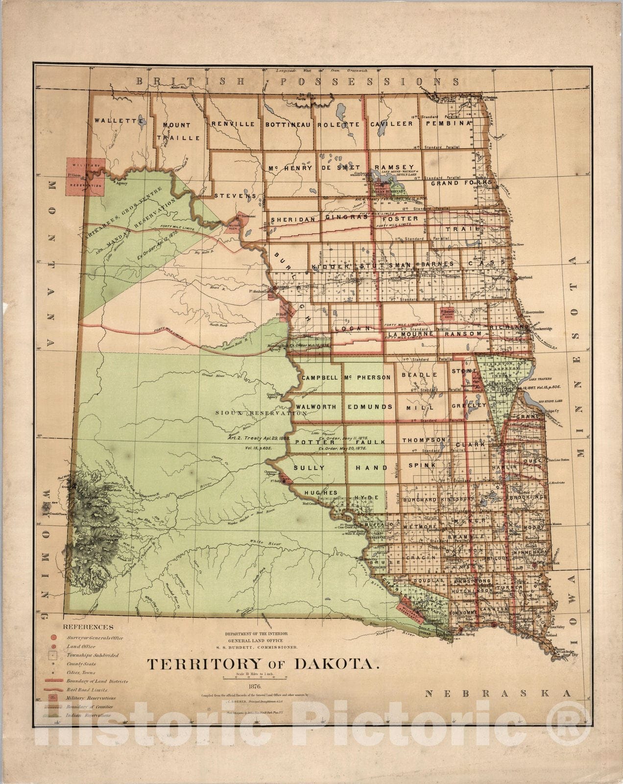 Historic Map : Department of The Interior General Land office Map - Territory of Dakota, 1876 1876 - Vintage Wall Art