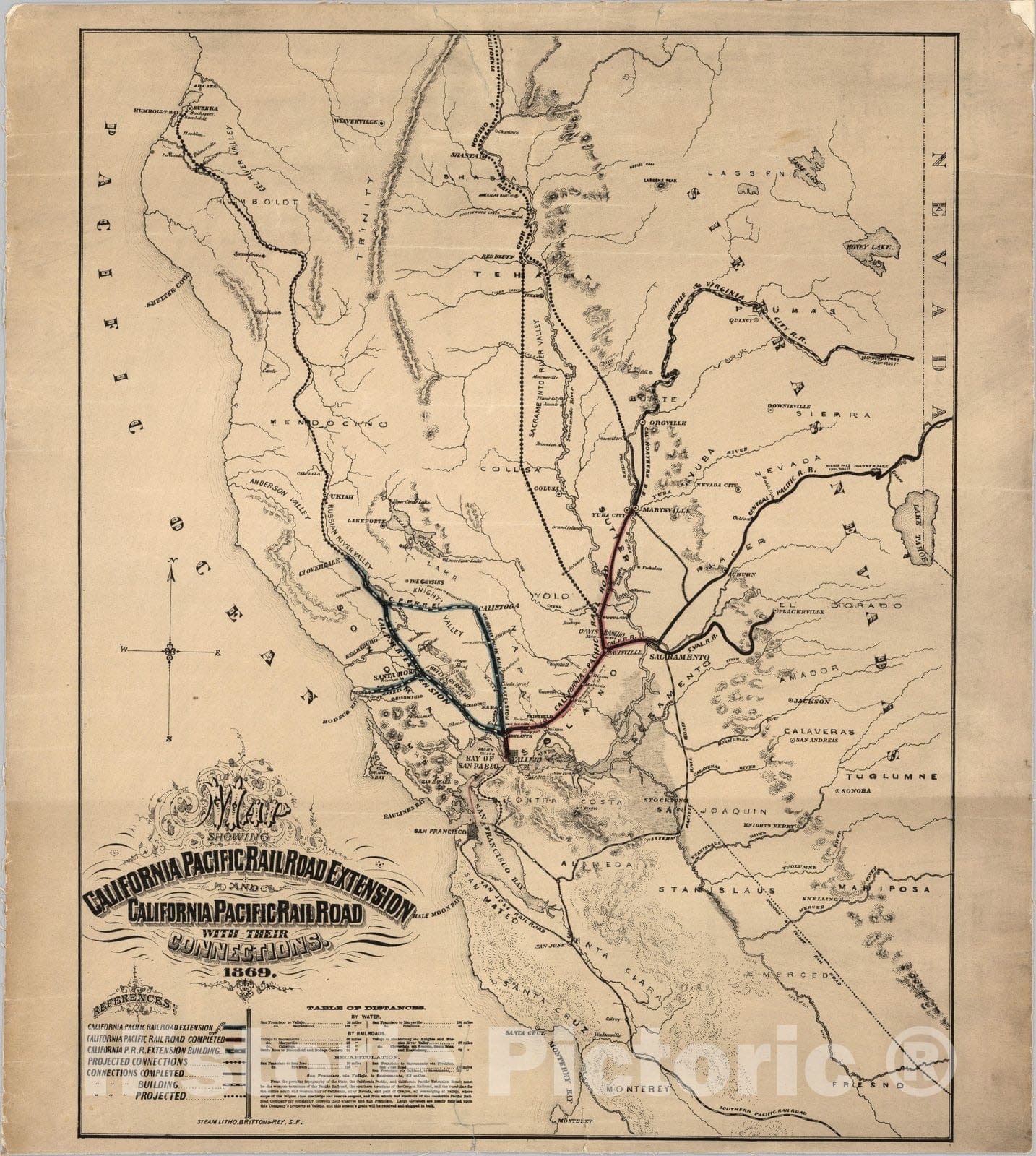 Historic Map - Map Showing California Pacific Rail Road Extension, 1869 - Vintage Wall Art