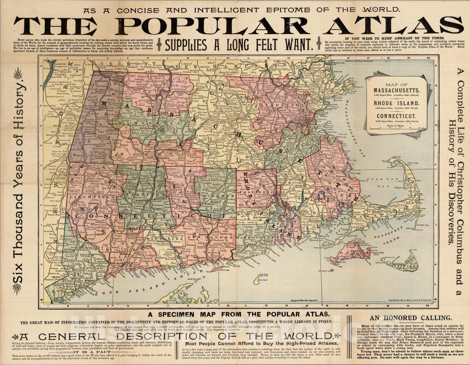 Historic Map : Map of Massachusetts. Rhode Island. Connecticut, 1889 - Vintage Wall Art
