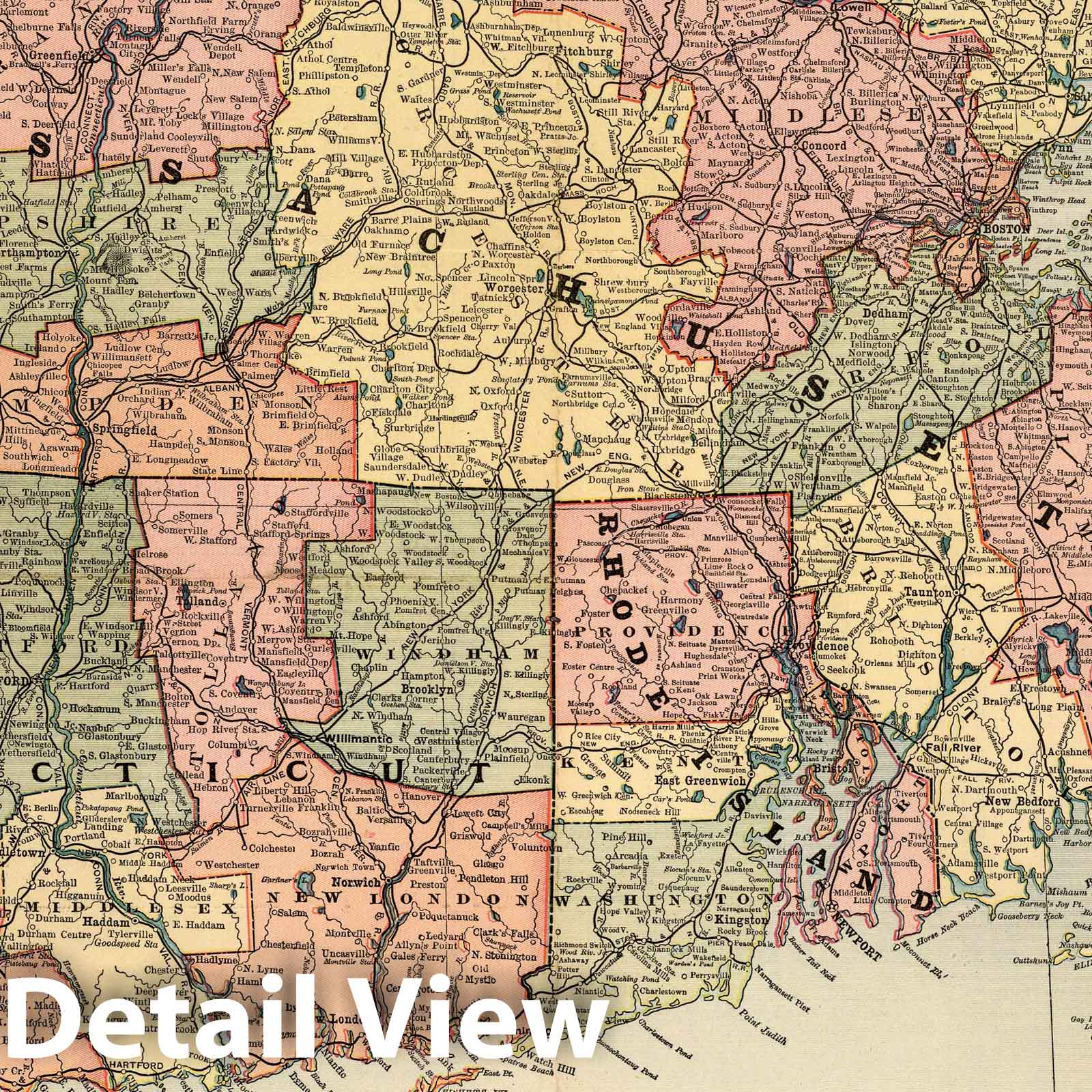 Historic Map : Map of Massachusetts. Rhode Island. Connecticut, 1889 - Vintage Wall Art