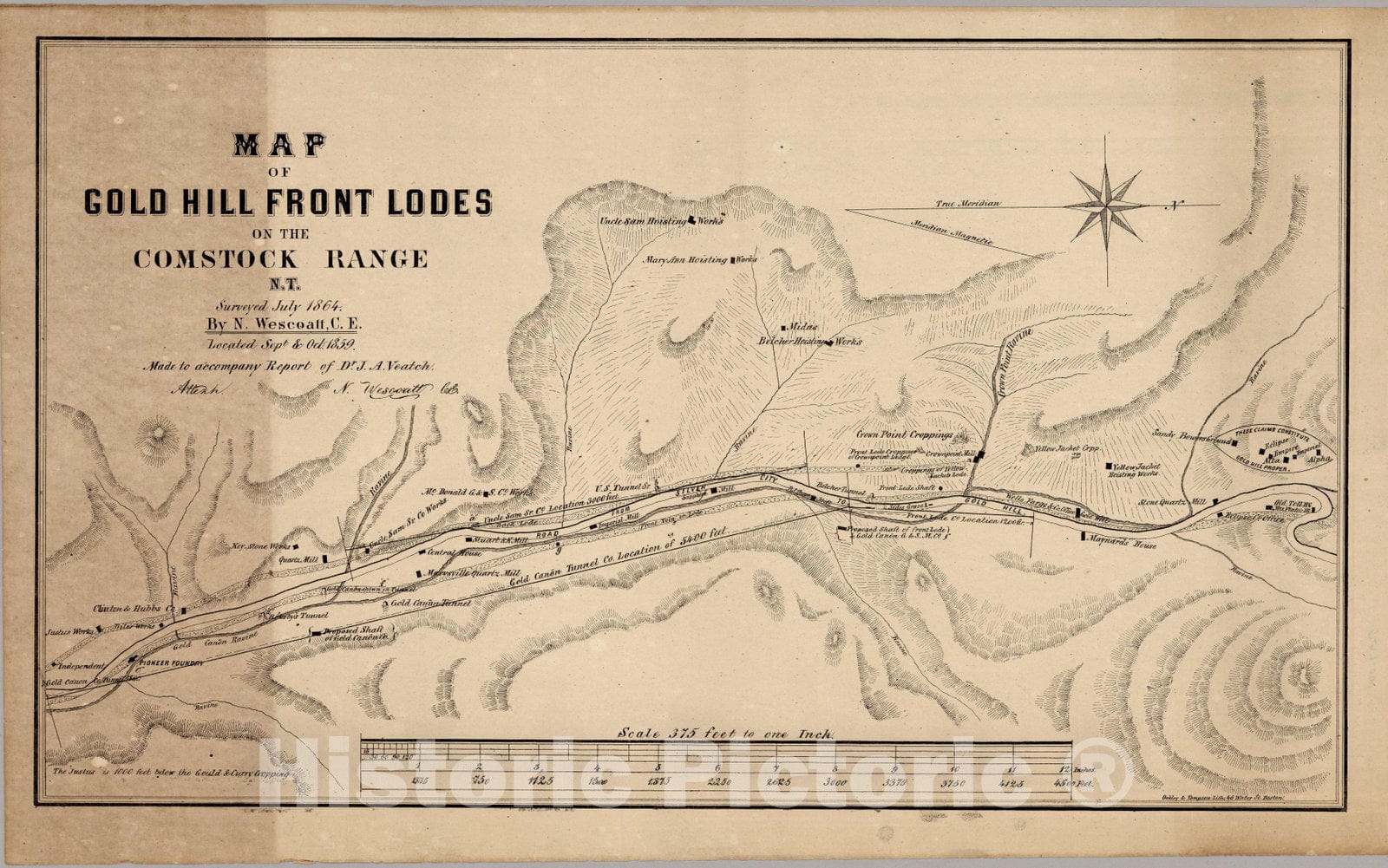 Historic Map : Map of Gold Hill Front Lodes On The Comstock Range, 1864 - Vintage Wall Art
