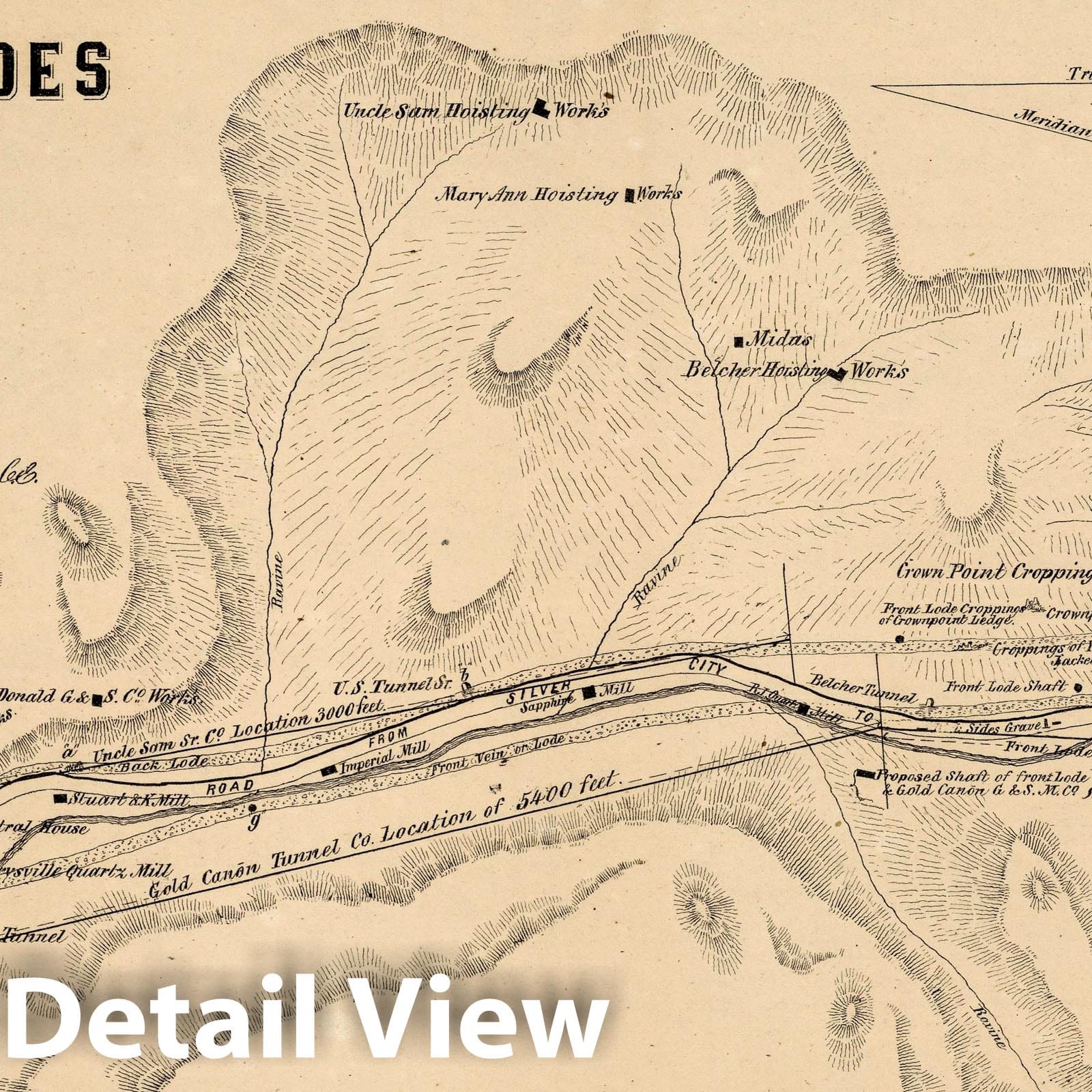 Gold Hill, Nevada - Mining Map, 1864 - Historical Reproduction Print