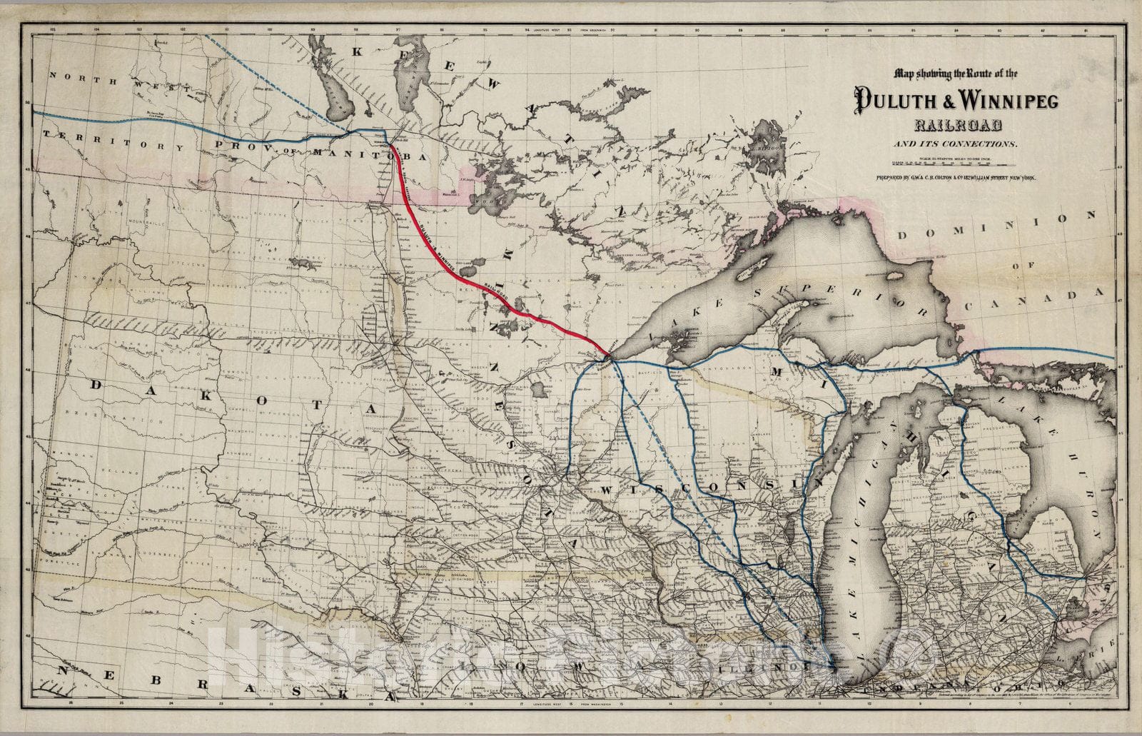 Historic Map : Route of the Duluth & Winnipeg Railroad 1881 - Vintage Wall Art