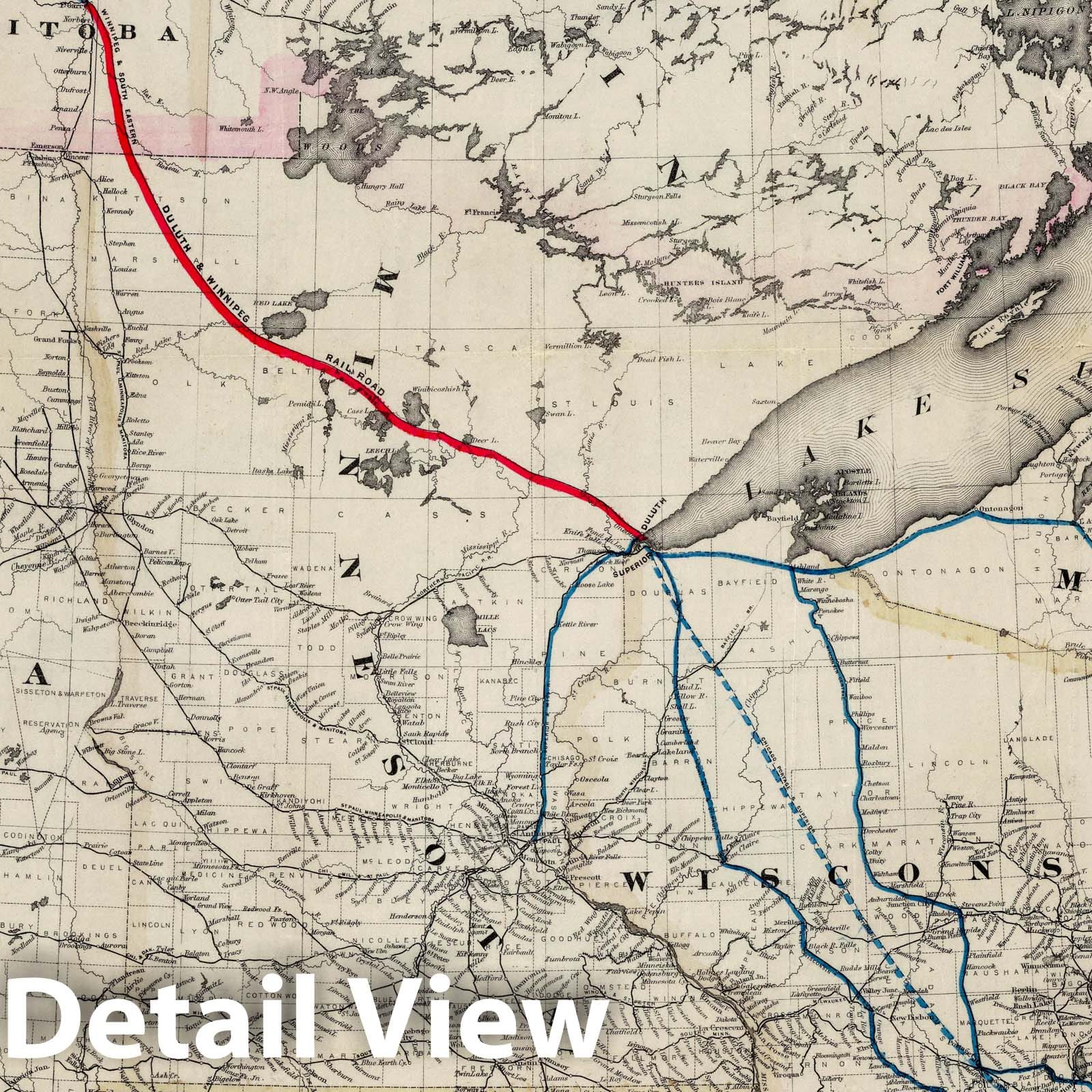 Historic Map : Route of the Duluth & Winnipeg Railroad 1881 - Vintage Wall Art