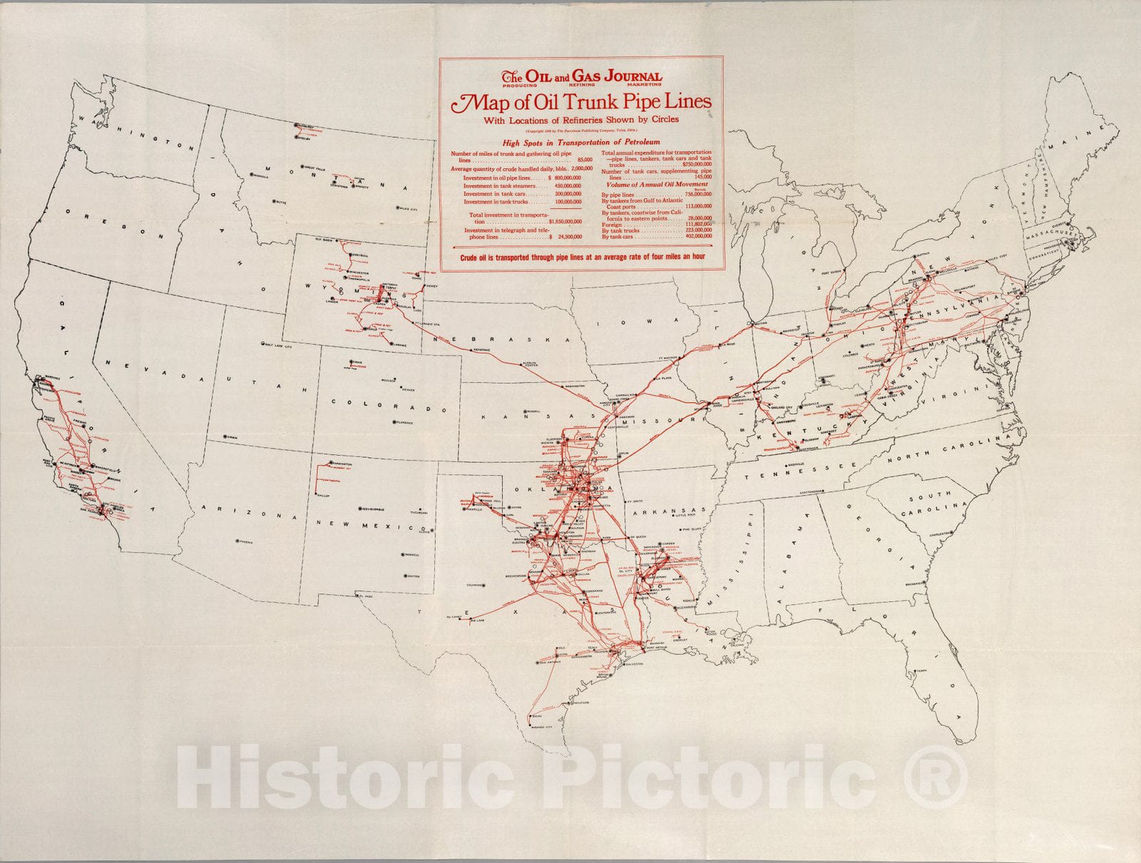 Historic Map : Map of Oil Trunk Pipe Lines, 1926 - Vintage Wall Art