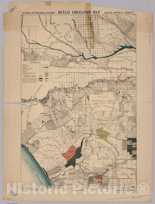 Historic Wall Map : Santa Monica. Detail Irrigation Map, 1888 - Vintage Wall Art