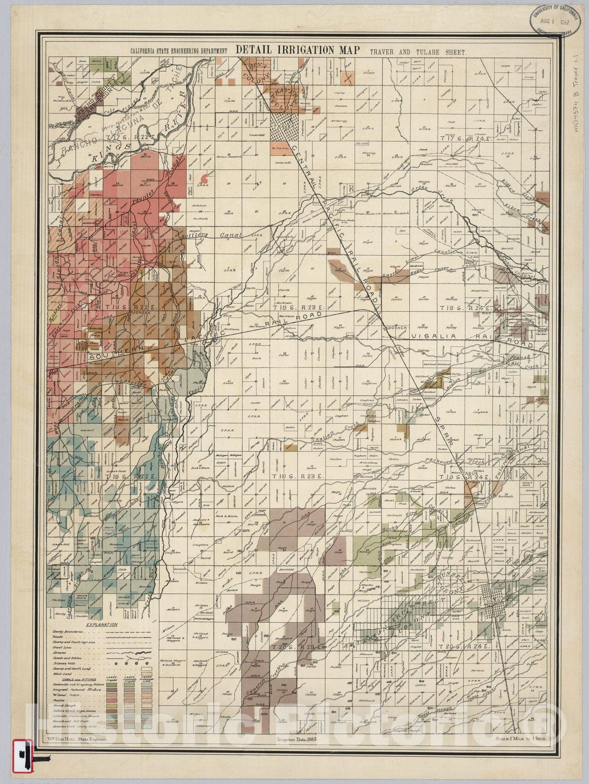Historic Map : Traver and Tulare Sheet. Detail Irrigation Map, 1885 - Vintage Wall Art