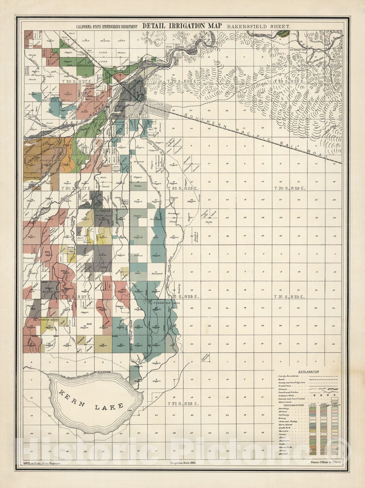 Historic Map - Bakersfield Sheet. Detail Irrigation Map, 1885 - Vintage Wall Art