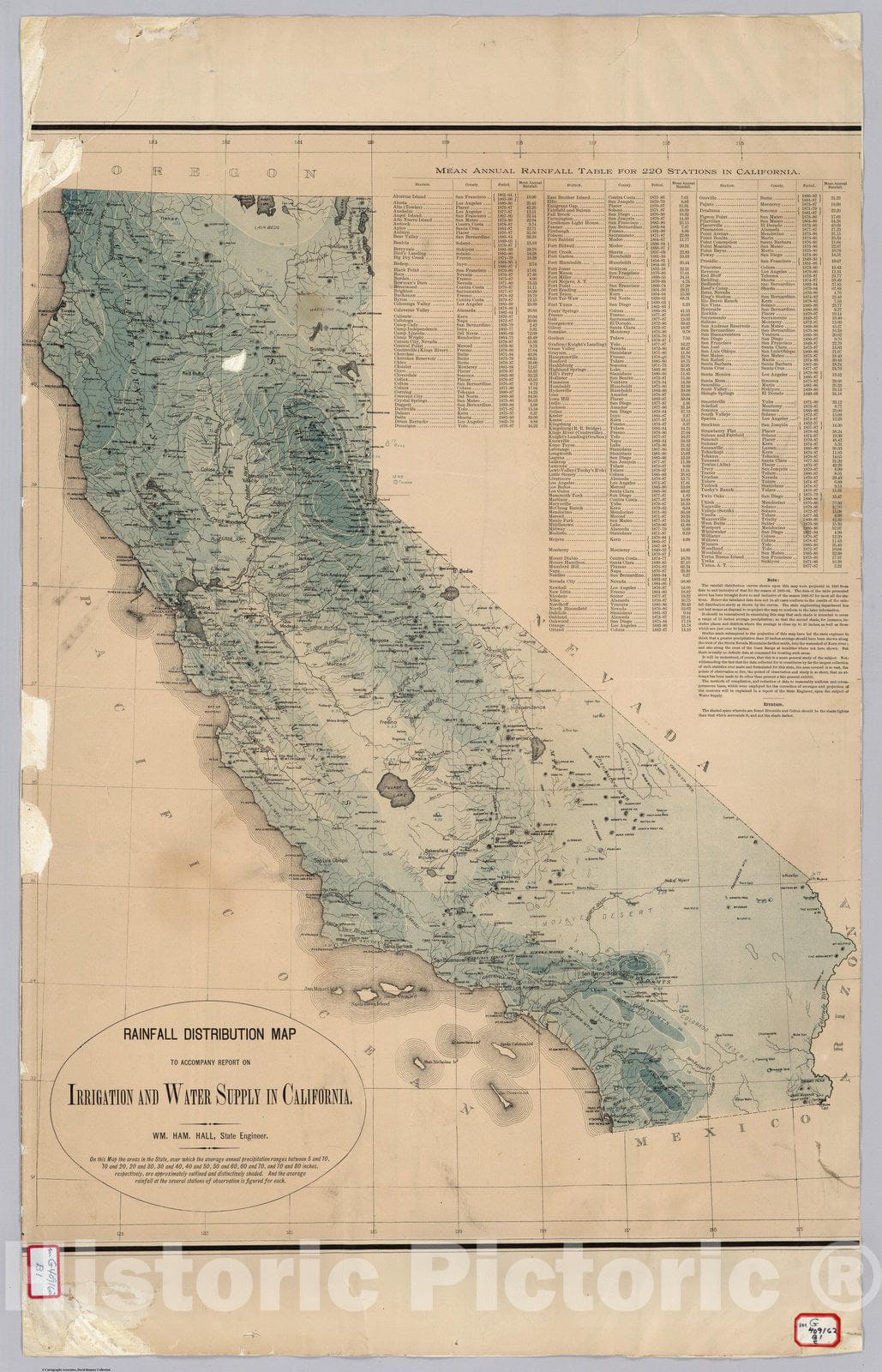 Historic Map : Average Rainfall Distribution in California. 1888 - Vintage Wall Art