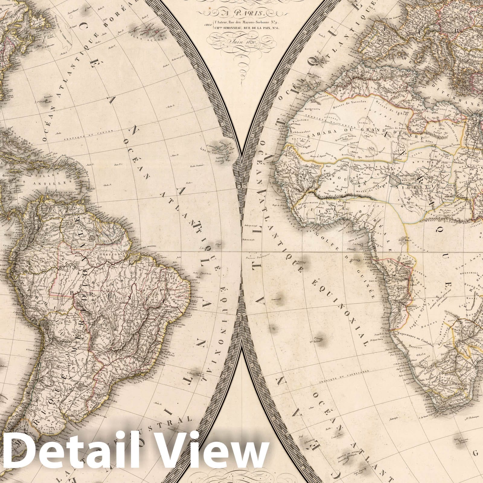World Map in Two Hemispheres, 1820 - Historical Map Print